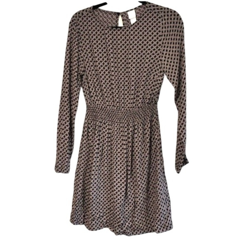 H&M Geometric Print Mini Dress – Black & Brown Long Sleeve – Size 2 - Picture 2 of 11